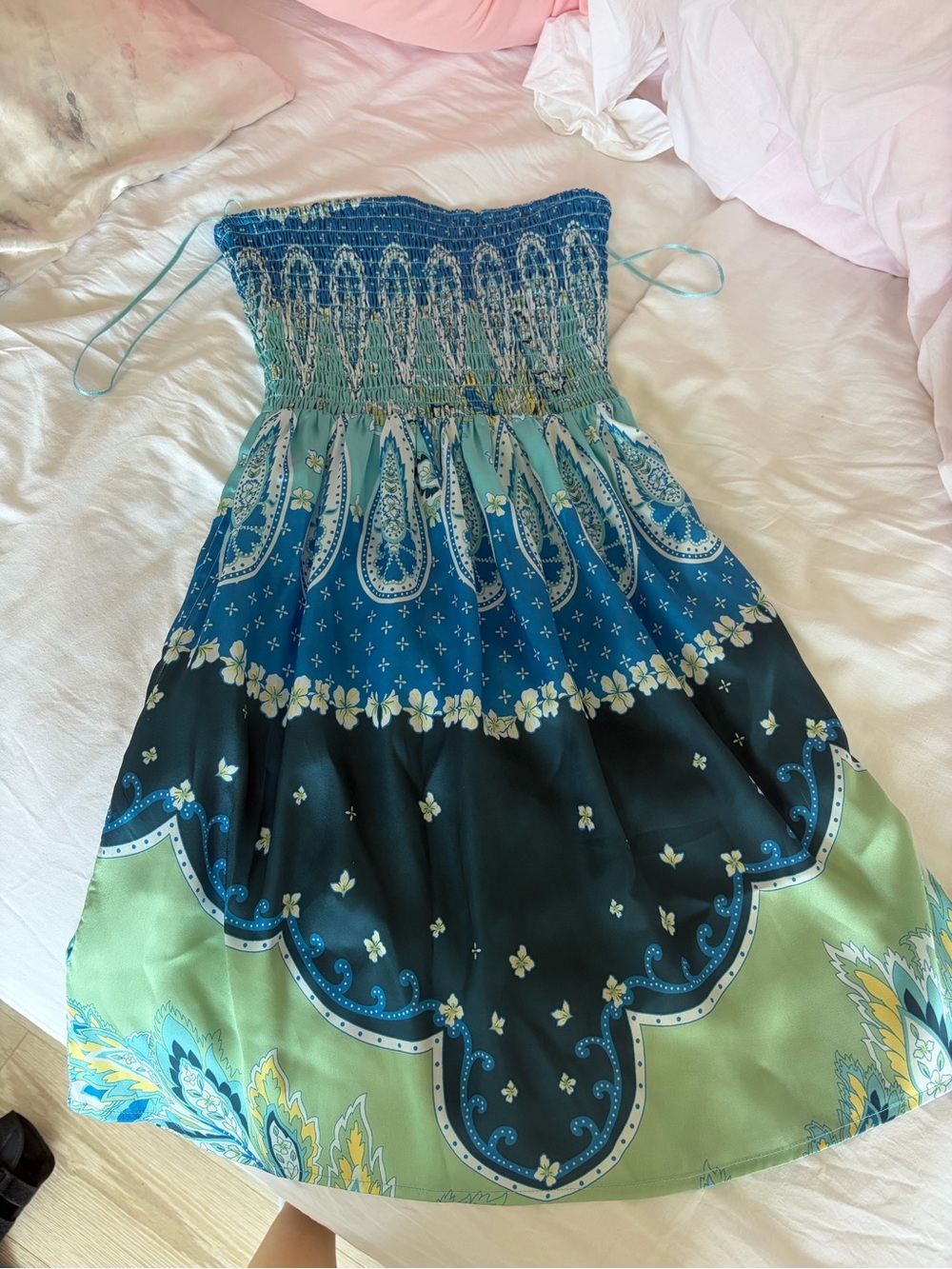 Elan Teal & Blue Smocked Strapless Dress with Light Green Accents